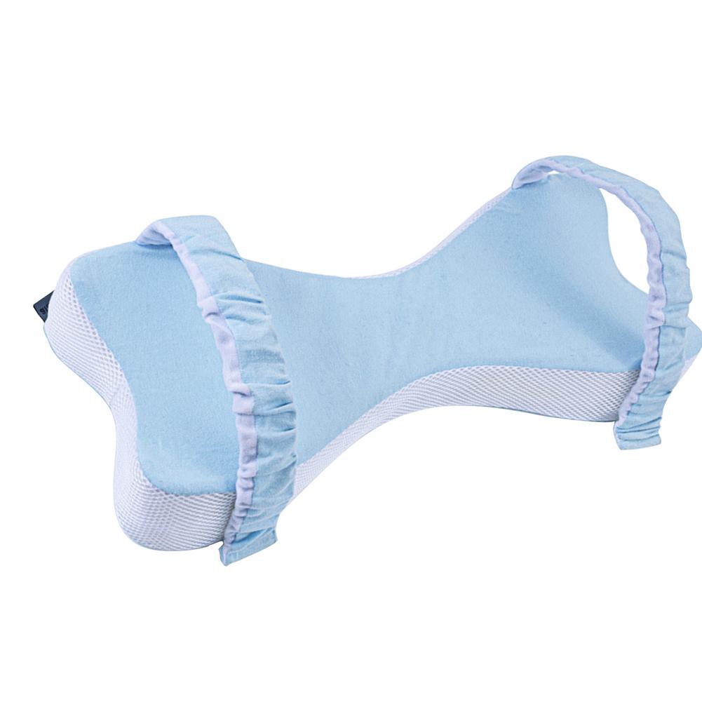 Blue leg pillow from the side, showing the mesh edge and strap